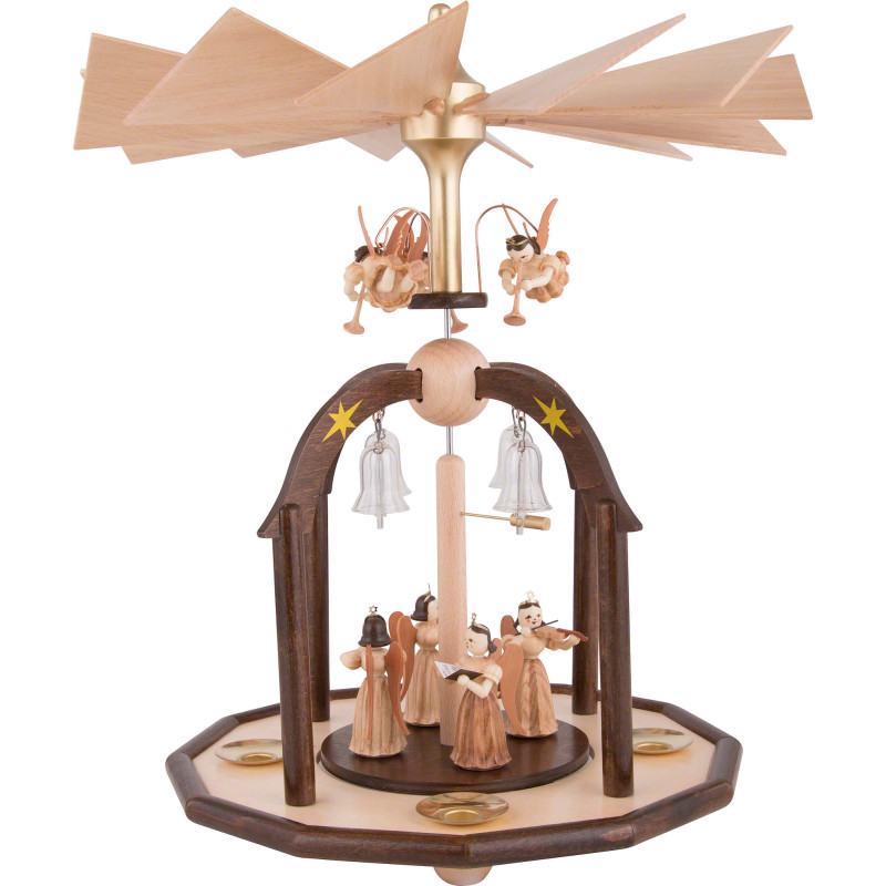 1-stöckige Glöckchenpyramide mit Faltenlangrockengeln und Glasglöckchen - 38x28 cm