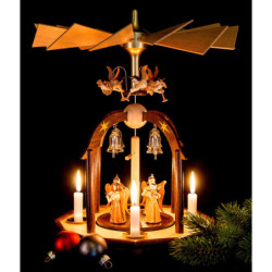 1-Tier Bell Pyramid - Long Pleated Skirt Angels and Glass Bells - 38x28 cm / 15x11 inch