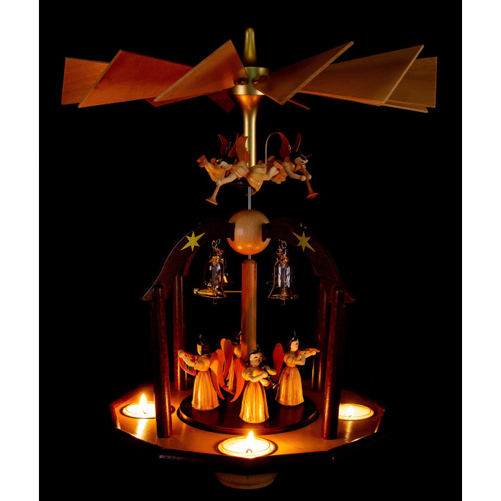 1-Tier Bell Pyramid - Long Pleated Skirt Angels and Glass Bells - 38x28 cm / 15x11 inch