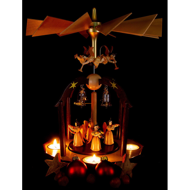1-stöckige Glöckchenpyramide mit Faltenlangrockengeln und Glasglöckchen - 38x28 cm