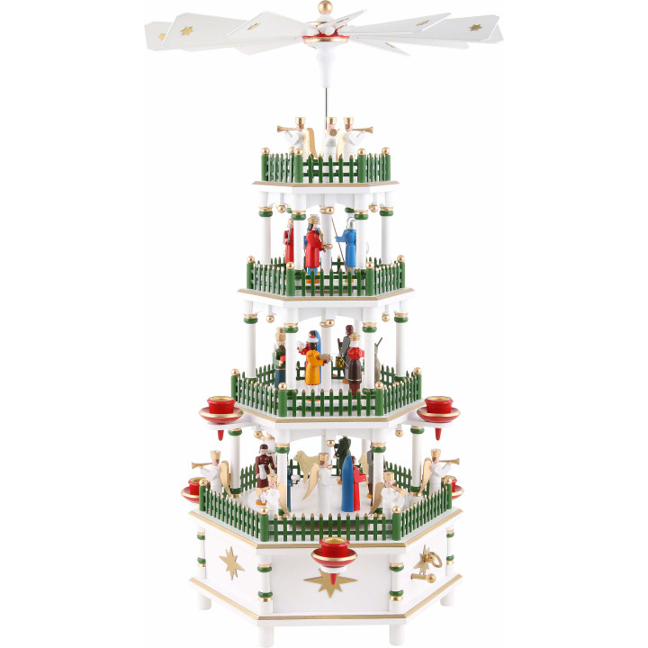 4-stöckige Pyramide Christi Geburt weiß mit Musikspielwerk - 52 cm
