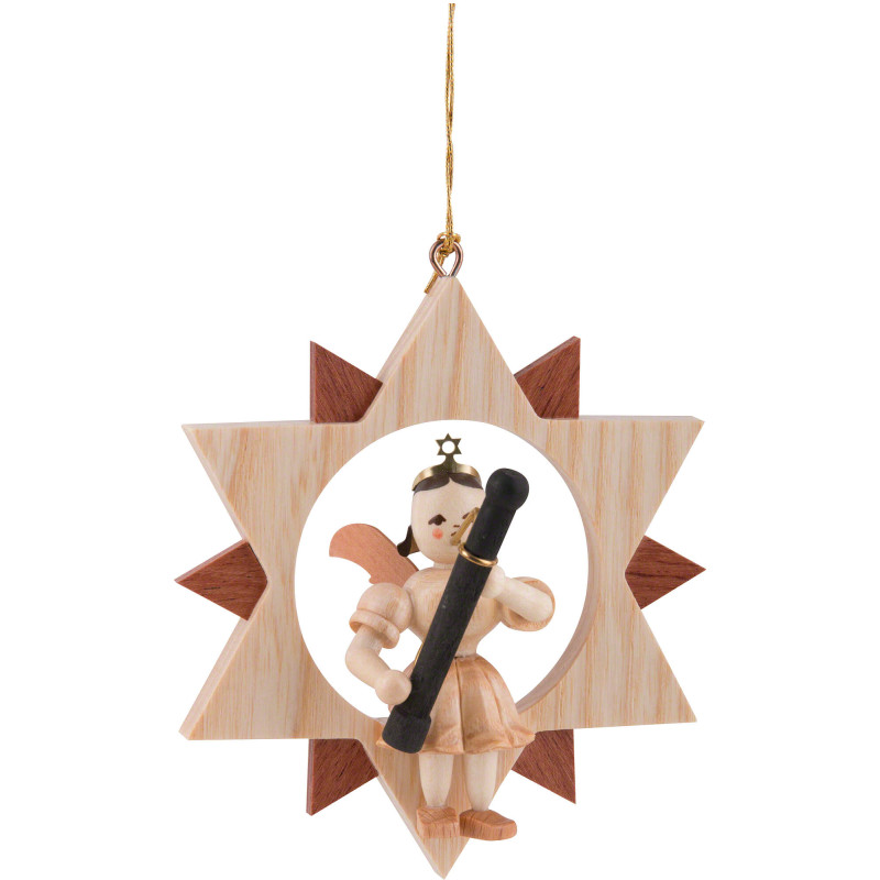 Angel Sitting in a Star with Bassoon, Natural - 9 cm / 3.5 inch
