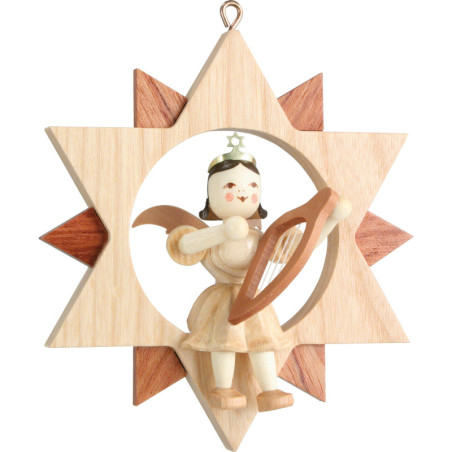 Kurzrockengel mit Leier im Stern, natur - 9 cm