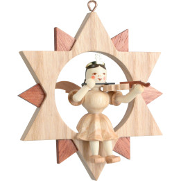 Angel Sitting in a Star with Violin , Natural - 9 cm / 3.5 inch