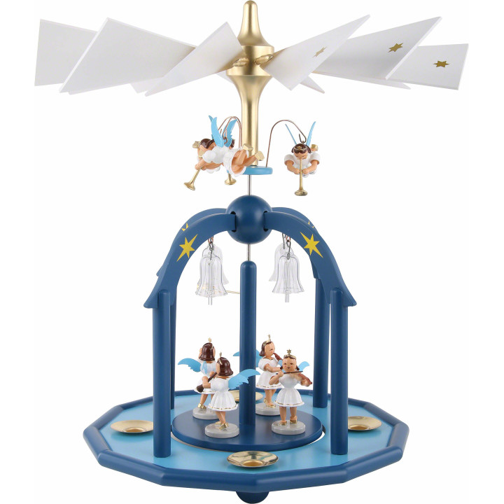 1-stöckige Glöckchenpyramide mit sieben Engeln und Glasglöckchen, farbig - 38x28 cm
