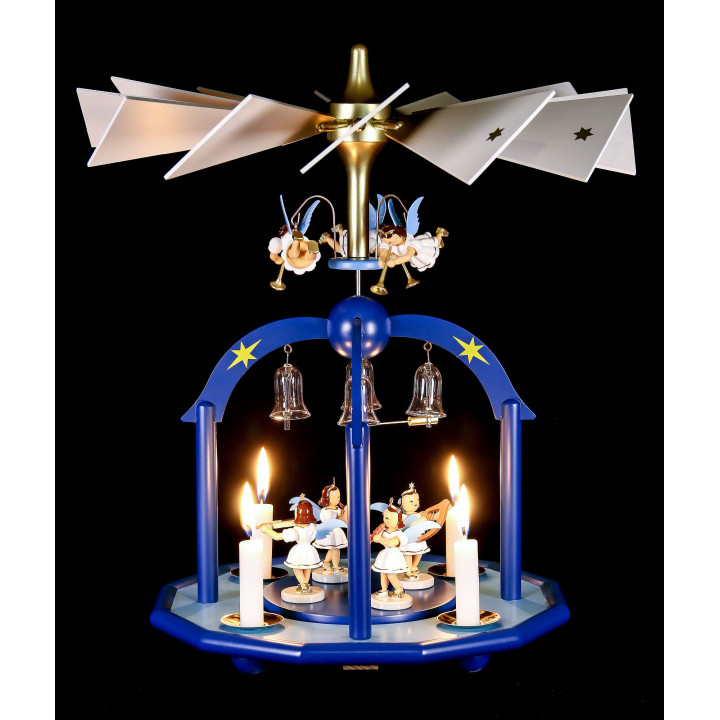1-stöckige Glöckchenpyramide mit sieben Engeln und Glasglöckchen, farbig - 38x28 cm