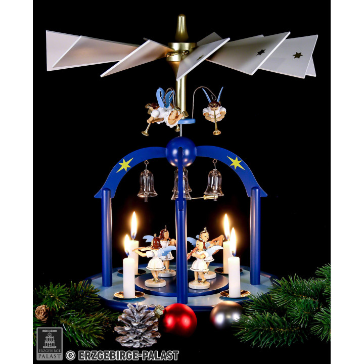 1-stöckige Glöckchenpyramide mit sieben Engeln und Glasglöckchen, farbig - 38x28 cm