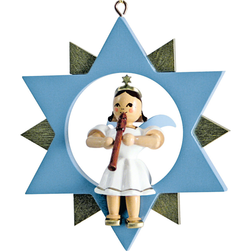 Short Skirt Angel with Flute in Star, Colored - 9 cm / 3.5 inch