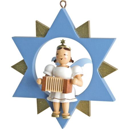 Short Skirt Angel with Harmonica in Star, Colored - 9 cm / 3.5 inch