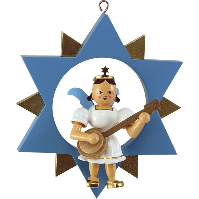 Engel with Banjo in Star, Colored - 9 cm / 3.5 inch