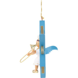 Engel mit Zugposaune im Stern, farbig - 9 cm
