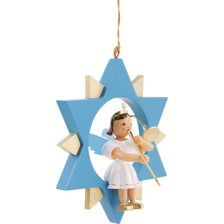Angel with Slide Trombone in Star, Colored - 9 cm / 3.5 inch