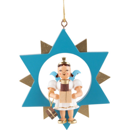 Kurzrockengel mit Geschenk im Stern, farbig - 9 cm