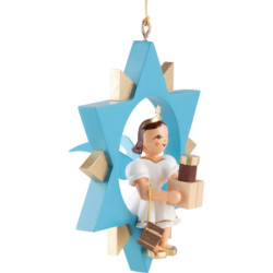 Kurzrockengel mit Geschenk im Stern, farbig - 9 cm