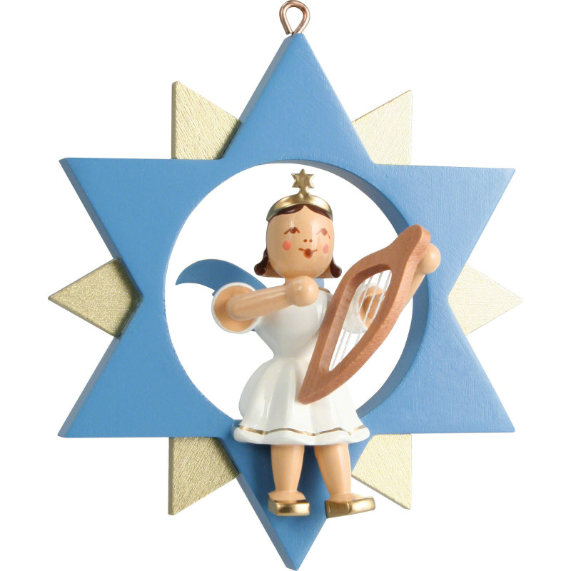 Short Skirt Angel with Lyre in Star, Colored - 9 cm / 3.5 inch