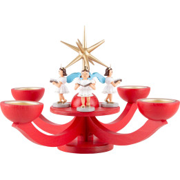 Adventsleuchter rot, mit Teelichthalter und 4 stehenden Engeln - 31x31 cm