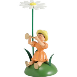 Blumenkind mit Margerite und Trompete sitzend - 12 cm