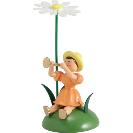 Blumenkind mit Margerite und Trompete sitzend - 12 cm