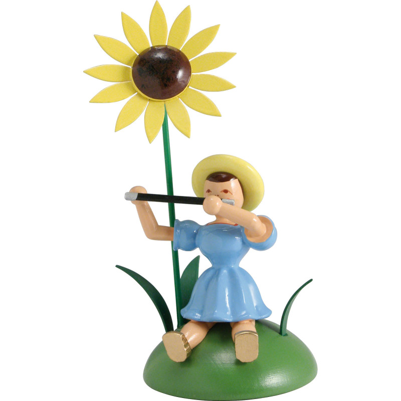 Blumenkind mit Sonnenblume und Querflöte sitzend - 12 cm