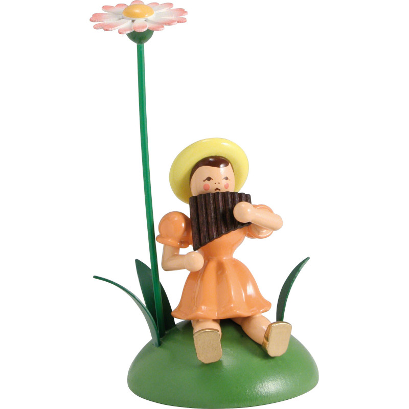 Flower Child with Daisy and Pan Pipe Sitting - 12 cm / 4.7 inch