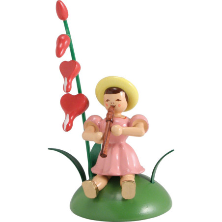 Blumenkind mit Tränendes Herz und Blockflöte sitzend - 12 cm