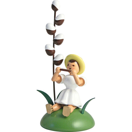 Blumenkind mit Maikätzchen und Mundharmonika sitzend - 12 cm