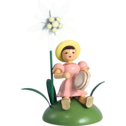 Blumenkind mit Edelweiß und Tamburin sitzend - 12 cm