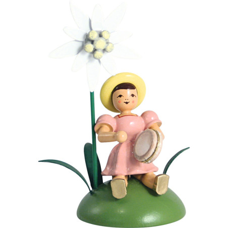 Blumenkind mit Edelweiß und Tamburin sitzend - 12 cm