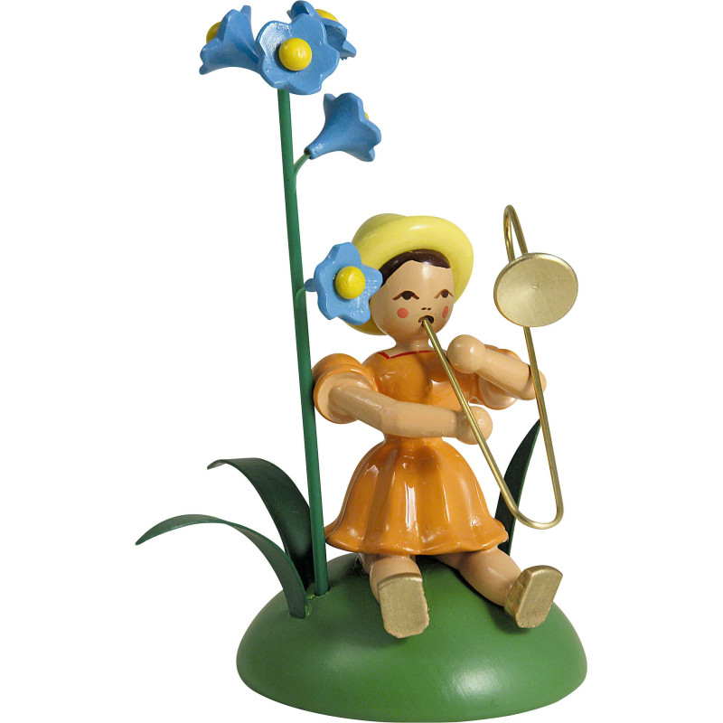 Blumenkind mit Vergissmeinnicht und Zugposaune, sitzend - 11 cm