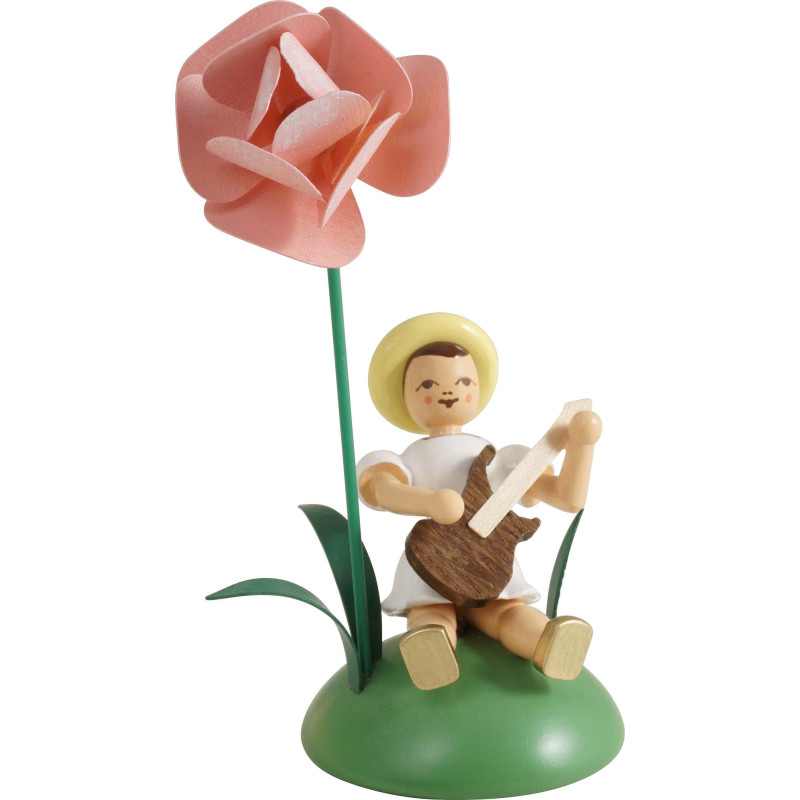 Blumenkind mit Pfingstrose und E-Gitarre, sitzend, farbig - 11 cm