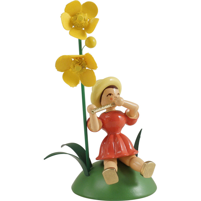 Flower Child with Buttercup and Piccolo, Sitting - Colored - 11 cm / 4.3 inch