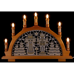 Schwibbogen Bergmann & Engel mit Plauener Spitze weiß/gold - 49x36 cm