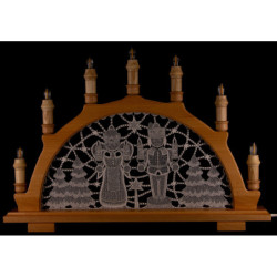Schwibbogen Bergmann & Engel mit Plauener Spitze weiß/silber - 49x36 cm