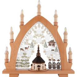 Schwibbogen Seiffener Kirche natur mit Plauener Spitze bunt - 41x45 cm