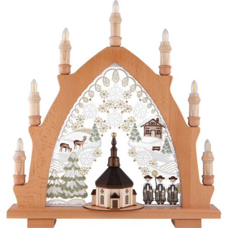 Schwibbogen Seiffener Kirche natur mit Plauener Spitze bunt - 41x45 cm