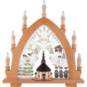 Schwibbogen Seiffener Kirche natur mit Plauener Spitze bunt - 41x45 cm