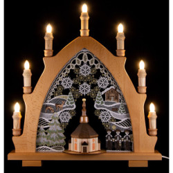 Schwibbogen Seiffener Kirche natur mit Plauener Spitze bunt - 41x45 cm