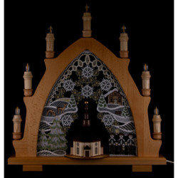 Schwibbogen Seiffener Kirche natur mit Plauener Spitze bunt - 41x45 cm