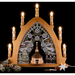 Schwibbogen Seiffener Kirche natur mit Plauener Spitze bunt - 41x45 cm