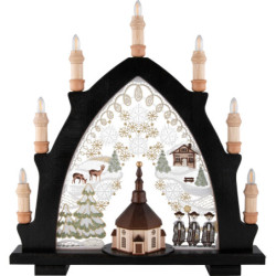 Schwibbogen Seiffener Kirche schwarz mit Plauener Spitze bunt - 41x45 cm