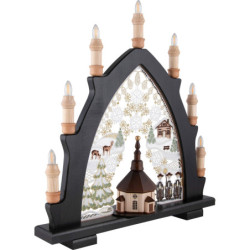 Schwibbogen Seiffener Kirche schwarz mit Plauener Spitze bunt - 41x45 cm