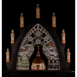 Schwibbogen Seiffener Kirche schwarz mit Plauener Spitze bunt - 41x45 cm