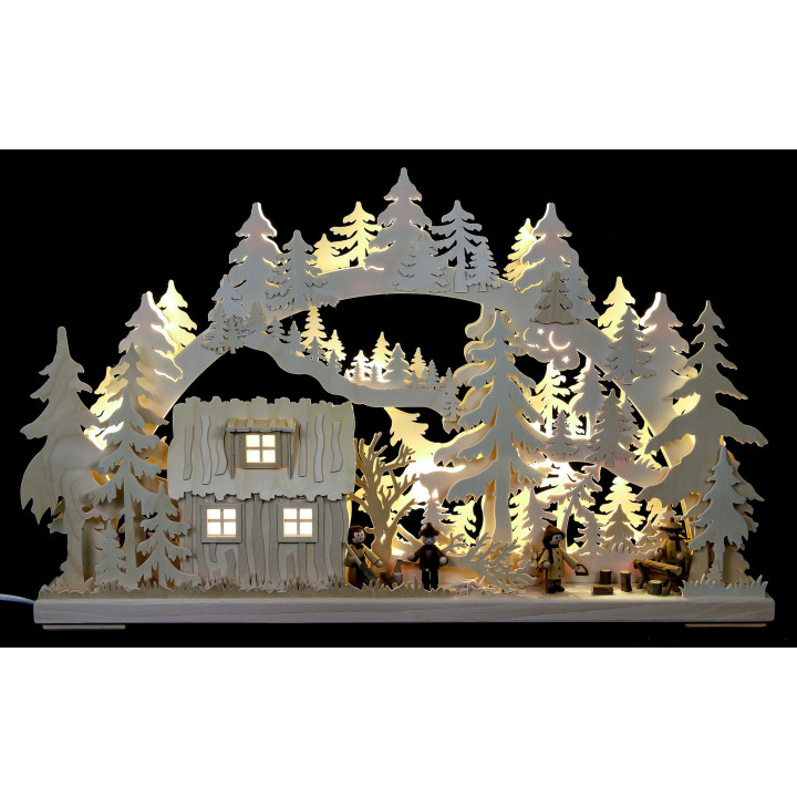 3D-Schwibbogen Blockhütte mit Waldarbeitern - 62x38x8 cm