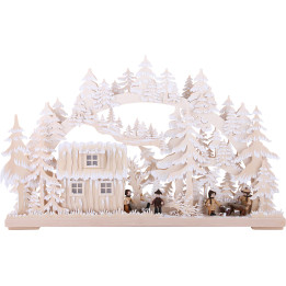 3D-Schwibbogen Blockhütte mit Waldarbeitern und Raureif - 62x38x8 cm