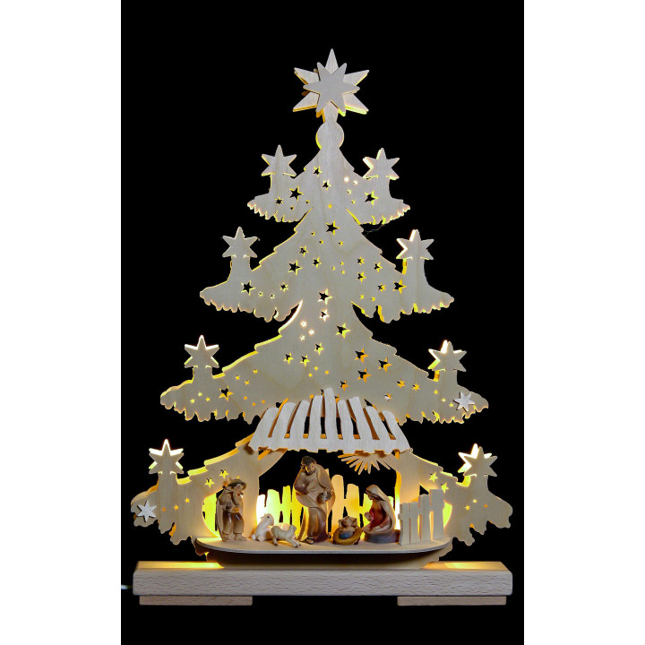 Light Triangle - Fir Tree with Nativity Scene - 32x44x7 cm / 13x17x8 inch