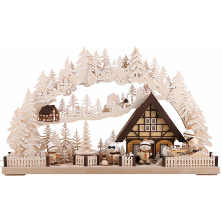 Schwibbogen Snowmolli-Land mit Pyramide und Raureif - 72x43 cm