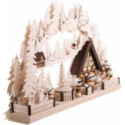 Schwibbogen Snowmolli-Land mit Pyramide und Raureif - 72x43 cm