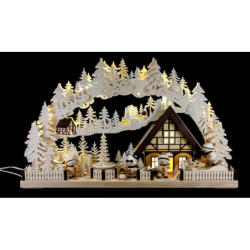 Schwibbogen Snowmolli-Land mit Pyramide und Raureif - 72x43 cm