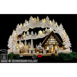 Schwibbogen Snowmolli-Land mit Pyramide und Raureif - 72x43 cm