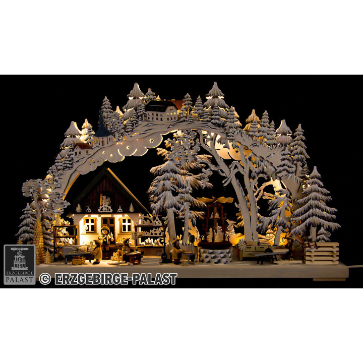 3D-Schwibbogen Kunsthandwerk aus dem Erzgebirge mit Raureif - 72x43 cm